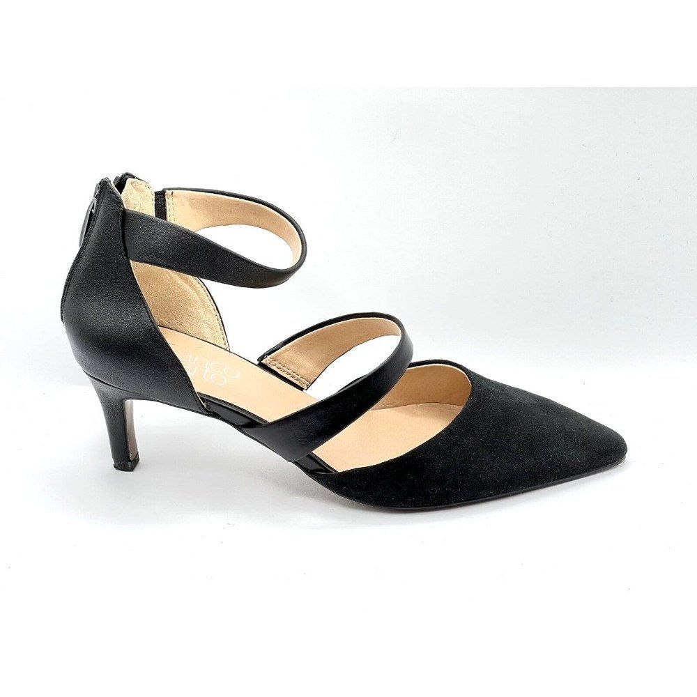 Franco Sarto Davey Pumps Black Suede Pointed Toe Strap Heels Women's Size 6.5 M - Picture 2 of 9